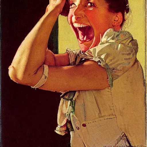 Prompt: Frontal portrait of a woman so happy that her face hurts. A painting by Norman Rockwell.