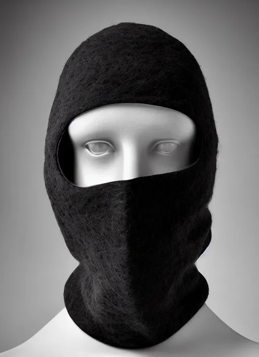 Prompt: asymmetrical dutch-angle high-resolution photograph of ASYMMETRICAL black and white felted wool isolation-hood balaclava, cybergoth style, STRAITJACKET straps and industrial hardware, inspired by CRYOTHERAPY, designed by ann demeulemeester and nancy grossman, 8k, hyperrealistic, highly textured, dark volumetric lighting, desaturated