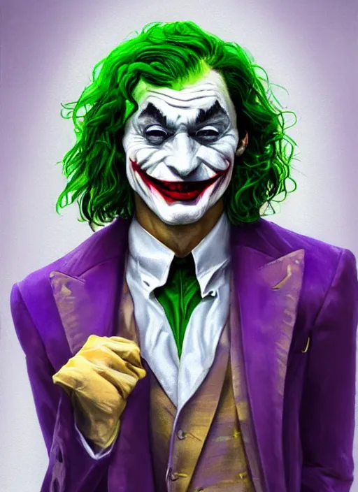 Prompt: portrait of Ezra Miller as the Joker, opulent, laughing pose, sigma male, gigachad, lavish green hair, royal crown, purple luxurious futuristic suit, sitting at a sumptuous golden couch, fantasy, elegant, realistic, highly detailed, digital painting, artstation, concept art, smooth, sharp focus, illustration, art by artgerm and greg rutkowski and alphonse mucha