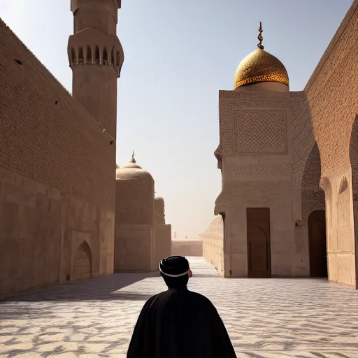 Prompt: Arab man near old mosque in old Arab city, dawn, hyper realistic, 4k, photo,