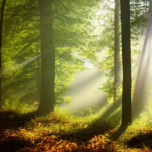 Image similar to misty forest scene, the sun shining through the trees