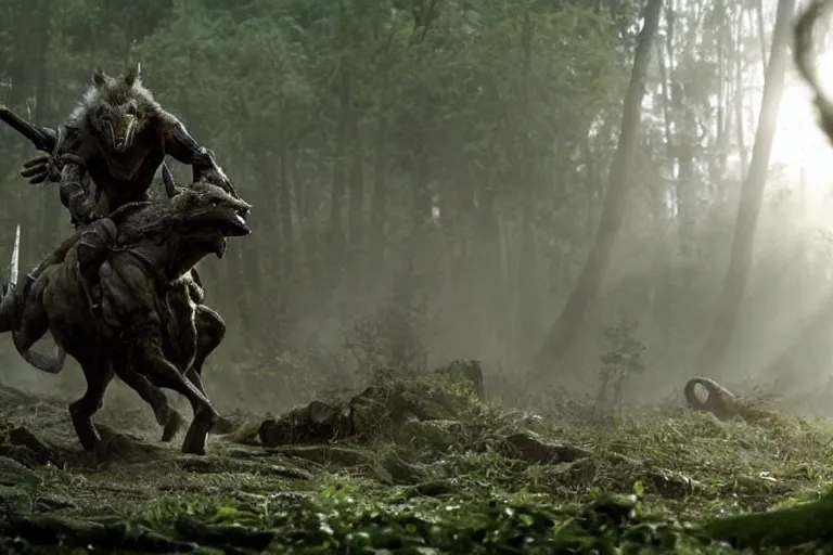 Image similar to vfx movie closeup detailed ancient armored warrior orc hunting riding large wolf in the forest, natural lighting by emmanuel lubezki