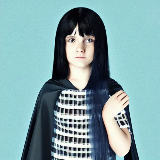 Image similar to mysterious girl child with her long black hair dressed in a chequered cape, carrying blue very big magical crystal, digital art, hd, 4 k, hyper detailed