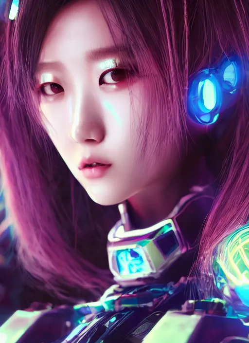 Image similar to a highly detailed portrait of a kpop idol mecha girls in spiked cyberpunk bioarmor trending on artstation by yoshitake amano, cyberpunk light, holographic undertones, 3 d cg, octane rendered, futuristic, 2 k aesthetic, dramatic lighting, 4 k, highly saturated colors