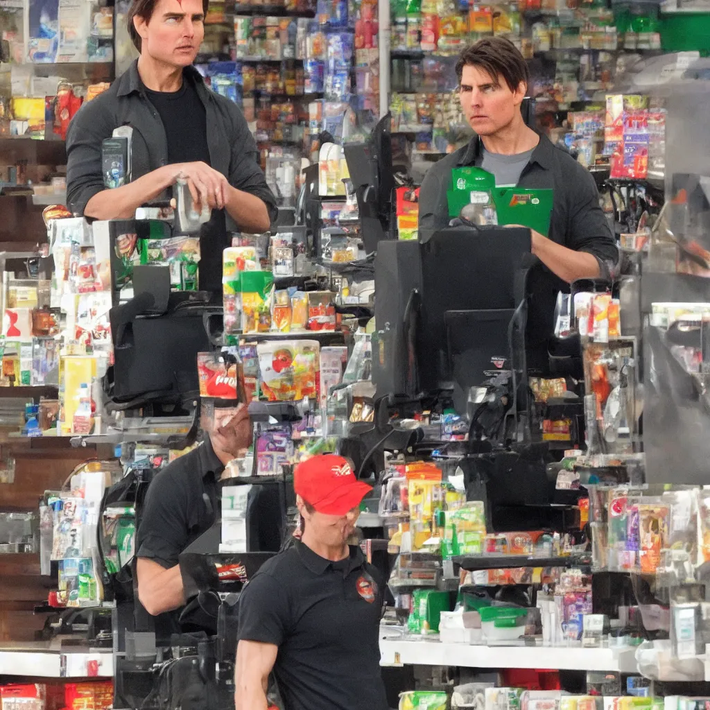 Image similar to Tom Cruise working as a 7/11 cashier, artstation, accurate, 8k, HD