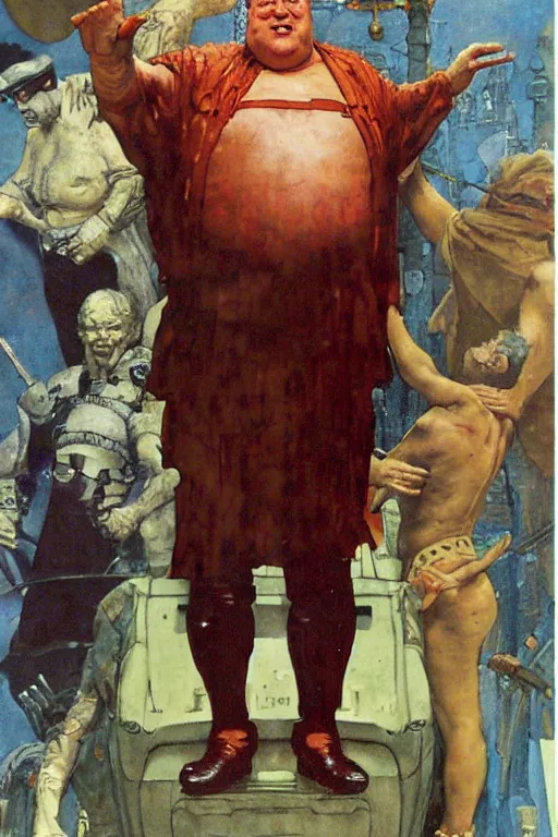 Prompt: full length portrait of kenneth mcmillan as baron harkonnen, plain background, painted by jack kirby, lawrence alma tadema, norman rockwell, greg staples, wayne barlow, neville page
