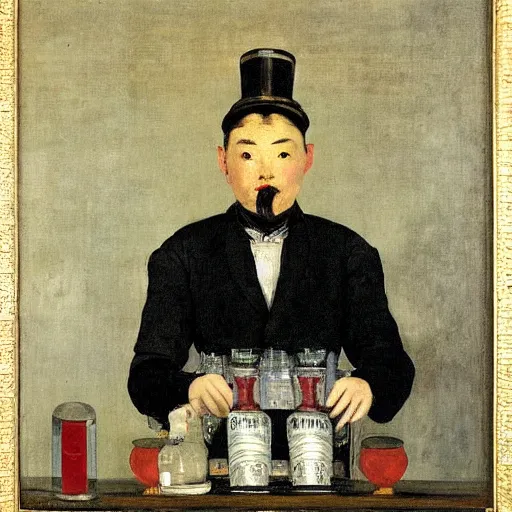 Image similar to portrait of a male chinese robot bartender by edouard manet