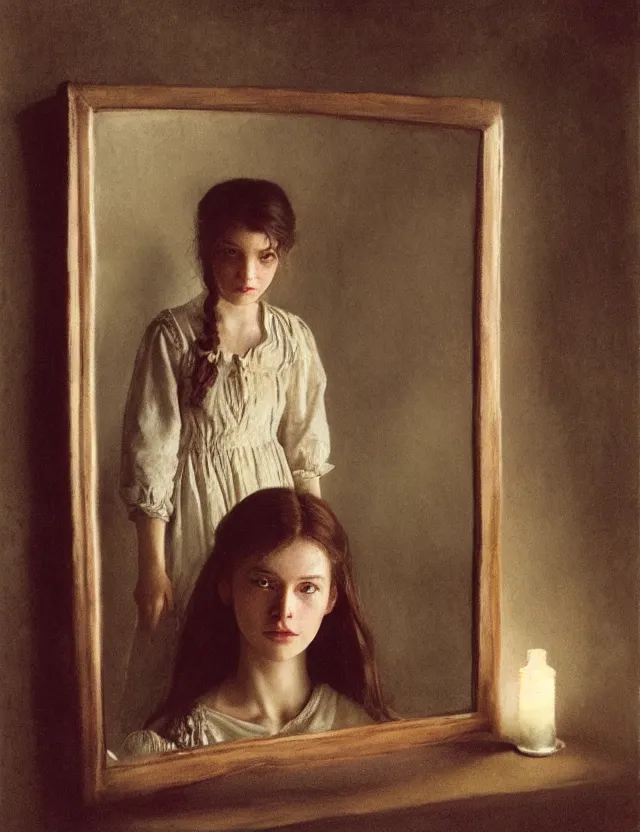 Image similar to portrait of peasant girl looking in a mirror, Cinematic focus, Polaroid photo, vintage, neutral colors, soft lights, foggy, by Steve Hanks, by Serov Valentin, by lisa yuskavage, by Andrei Tarkovsky 8k render, detailed, oil on canvas