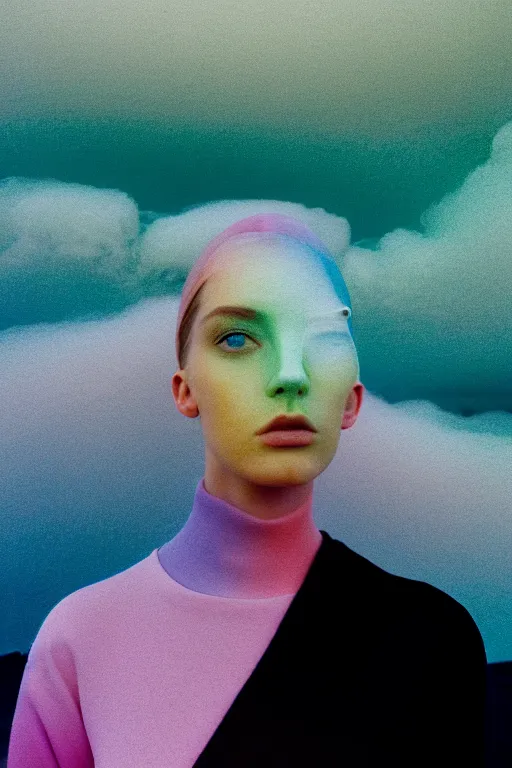 Image similar to high quality pastel coloured film close up wide angle photograph of a model wearing clothing swimming on cloud furniture in a icelandic black rock!! environment in a partially haze filled dreamstate world. three point light, rainbow. photographic production. art directed. pastel colours. volumetric clouds. pastel gradient overlay. waves glitch artefacts. extreme facial clarity. 8 k. filmic.