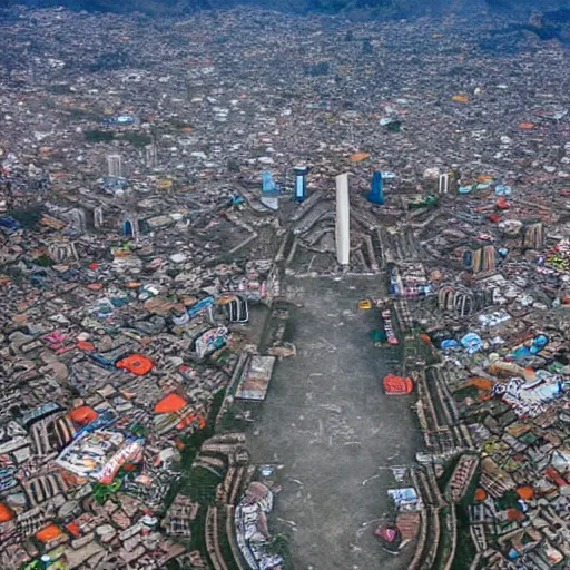 Image similar to remarkable airplane view of a cyberpunk mayan city in guatemala and it is graced by a huge sacred futuristic cyberpunk temple