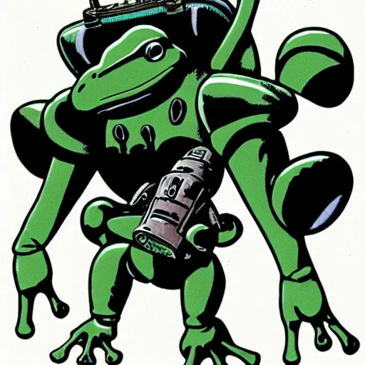 Image similar to Frog in wearing frog power armor flying with a jetpack artwork by Mike Mignola