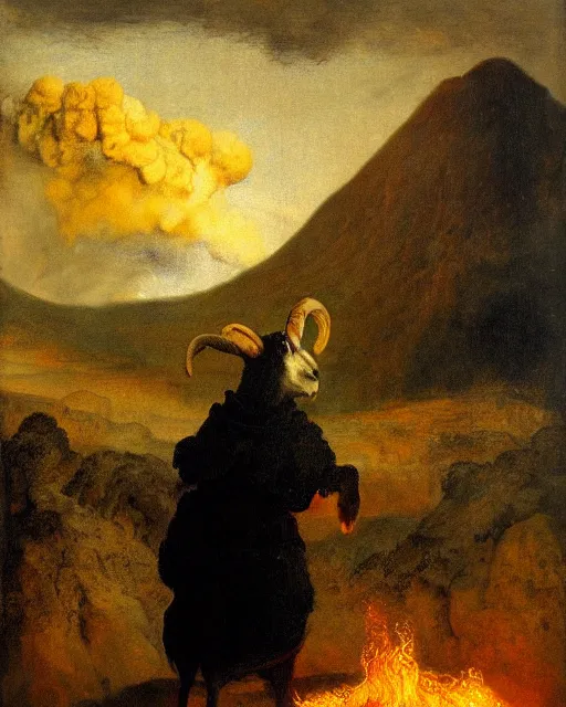 Prompt: goat demon standing in front of volcano, embers, lava, dusk, dramatic lighting, style of old masters, rembrandt, oil painting,