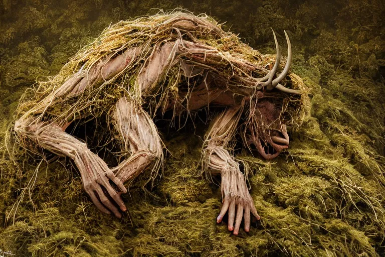 Prompt: photography of a tyrolean farmer, crawling on forest floor, wearing hay coat, with horns, roots coming out of mouth visible muscles and veins and arteries and bones and spines and nerves, eerie, flowers growing out of his body, detailed intricate insanely detailed octane render, 8k artistic 1920s photography, photorealistic, chiaroscuro, by David Cronenberg, Raphael, Caravaggio