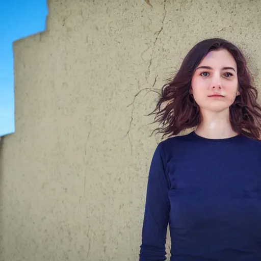 Prompt: a portrait of a young woman around 2 2 y 0. detaled face, natural brown hair. blue sky in background. award winning photograph 8 k. - 6