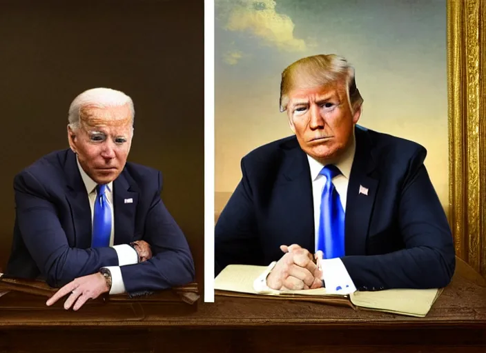 Prompt: joe biden and donald trump, lowbrow, 8 k, matte painting, in the style of rembrandt,