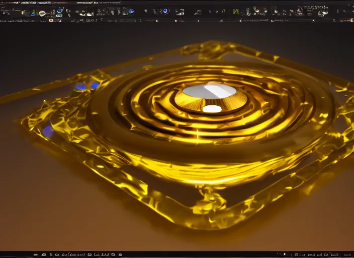 Prompt: Magic golden computer chip with a glowing flat crystal embedded in the center, mana flowing around it, product photo, trending on artstation, unreal engine 5