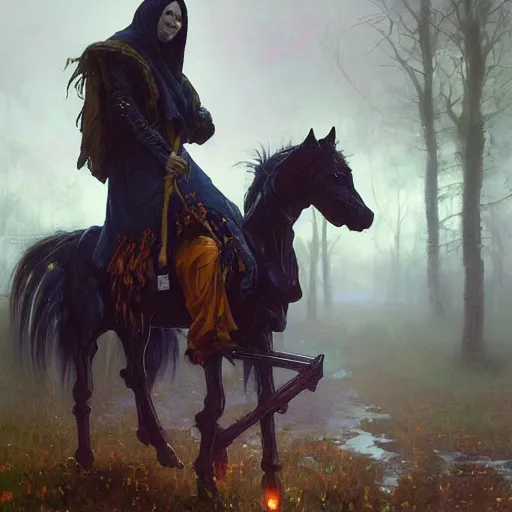 Prompt: oil painting of a gothic horse by Simon Stålenhag, by Stanley Artgerm Lau, Greg Rutkowski,Thomas Kindkade,Alphonse Mucha, Loish, Norman Rockwell, trending on artstation , rule of thirds, Highly detailed, anatomically correct, dramatic lighting, fashion, oil on canvas