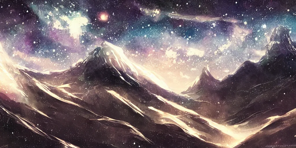 Image similar to stunning cold mountain landscape with sky full of galaxies by posuka demizu