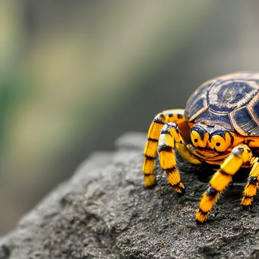 Prompt: turtle spider hybrid, bold natural colors, national geographic photography, masterpiece, in - frame, canon eos r 3, f / 1. 4, iso 2 0 0, 1 / 1 6 0 s, 8 k, raw, unedited, symmetrical balance