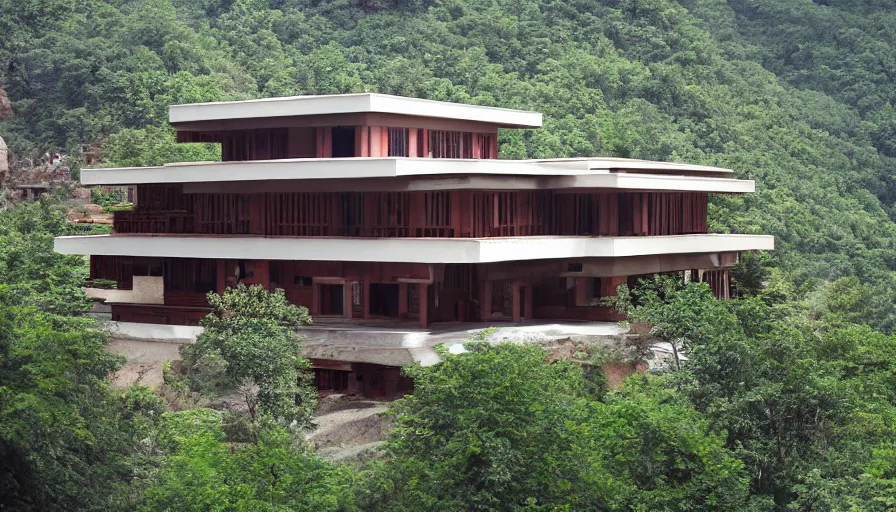 Image similar to tibetan architecture villa, on a green hill, overlooking a valley with trees, frank lloyd wright, le corbeusier, photorealistic, birds eye view