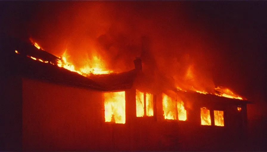 Image similar to 1 9 7 0 s movie still of a heavy burning house windows in a small french village by night, cinestill 8 0 0 t 3 5 mm, heavy grain, high quality, high detail, dramatic light, anamorphic, flares