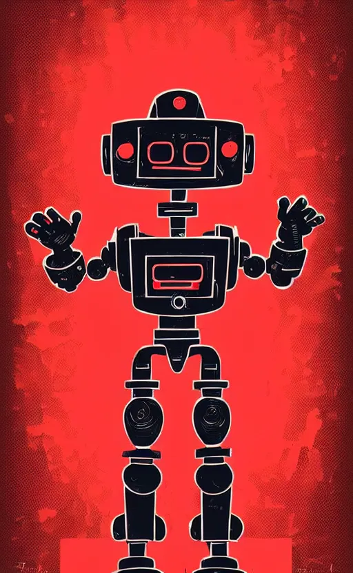 Image similar to a poster of a robot standing in front of a red background, poster art by tim doyle, behance contest winner, shock art, poster art, apocalypse art, sci - fi