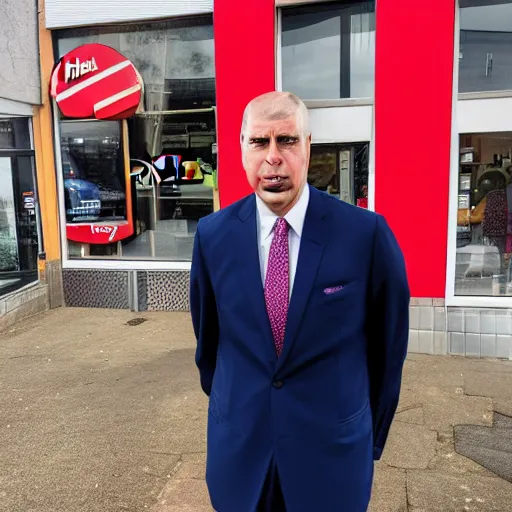 Prompt: a beautiful portrait of prince andrew outside a pizza hut on a school trip, travel, party, fun, colourful, 4 k,