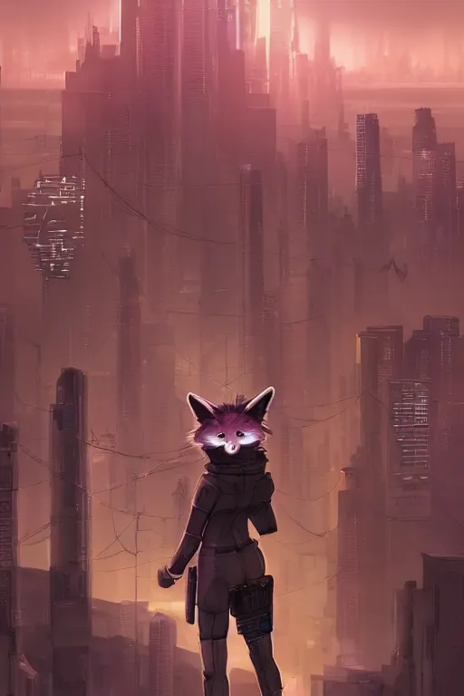 Image similar to a cyberpunk anthropomorphic fox with a fluffy tail staring over a futuristic city from the top of a roof, comic art, trending on furaffinity, cyberpunk, backlighting, cartoon