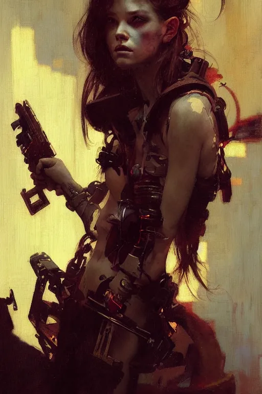 Image similar to portrait max mad cyberpunk, girl with a future weapon character design, painting by gaston bussiere, katsuya terada, nc wyeth, greg rutkowski, craig mullins, vermeer, frank frazetta, tom of finland, trending on artstation, jeffery catherine jones