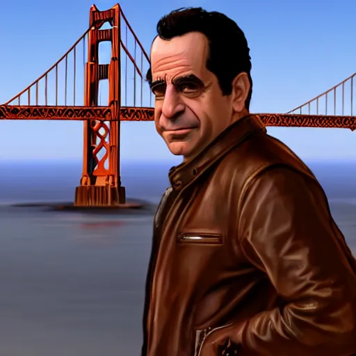 Prompt: full - frame of tony shalhoub, wearing a brown leather - jacket, as a character from gtav, looking at camera, intricate, extremely detailed, in the background golden gate bridge, concept art, artstation