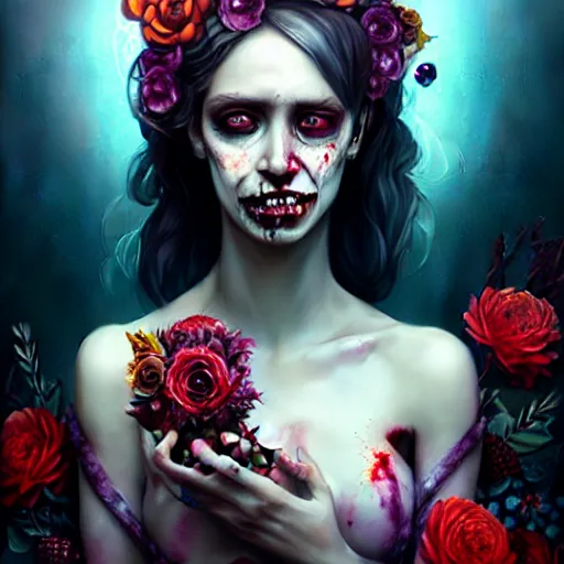 Image similar to portrait of a zombie punk covered in fruit, flowers, crystals, 4 k, atmospheric lighting, highly detailed, art by charlie bowater