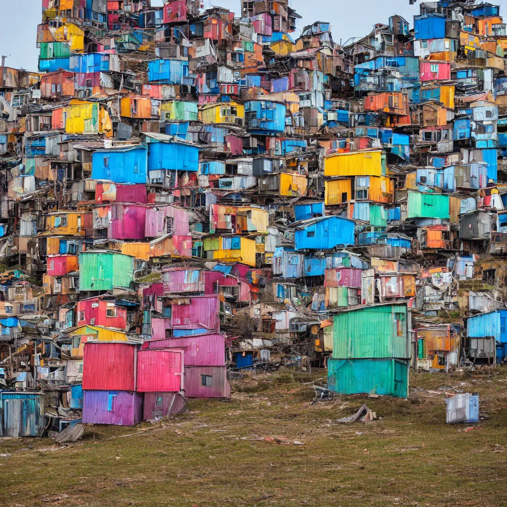 Prompt: a tower made up of colourful makeshift squatter shacks of different sizes, dystopia, sony a 7 r 3, f 1 1, fully frontal view, photographed by jeanette hagglund, ultra detailed,