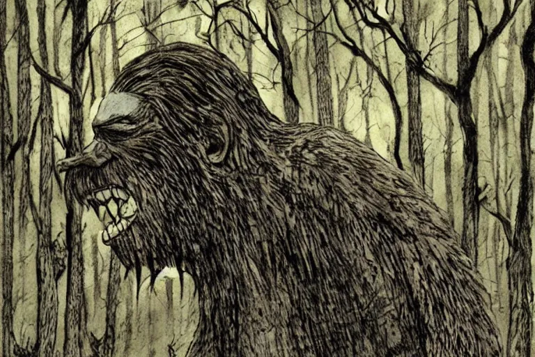 Image similar to mad bigfoot screaming in the woods artwork by ben templesmith