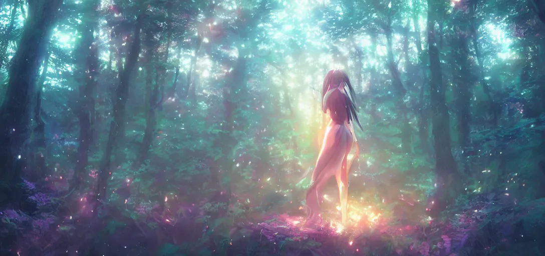 Image similar to anime forest, magical, mythical, ethereal, hyper realistic, straight lines 8k hdr pixiv dslr photo by Makoto Shinkai ilya kuvshinov and Wojtek Fus, digital art, concept art,