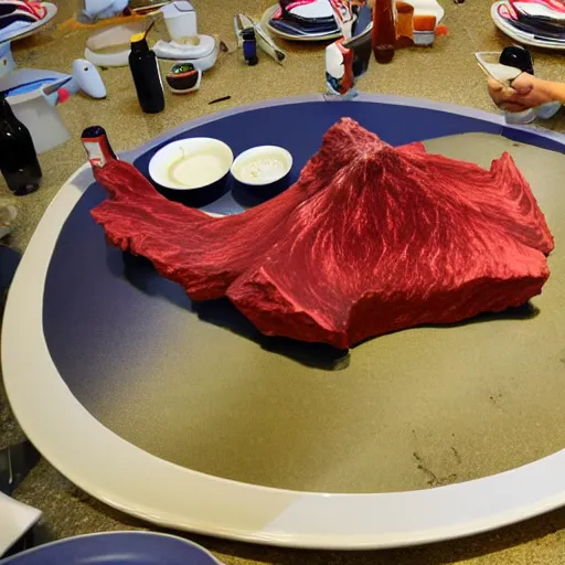 Prompt: a model of a vulcano made of kobe beef