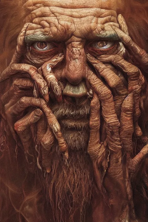 Image similar to hyperrealism oil painting, close - up portrait of a scary old man with a thousand eyes and mandibles, in style of baroque zdzislaw beksinski