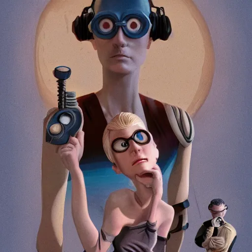 Image similar to pixar 3 d style retrofuture tattooed stoic heroic emotionless dirty butch blonde woman mechanic with very short slicked - back hair, full body, uncomfortable awkward and anxious, wearing dark - lensed victorian goggles, wearing dirty ripped flight suit, trudging through fantastic planet, valerian, moebius, rough paper, sci fi, behance hd