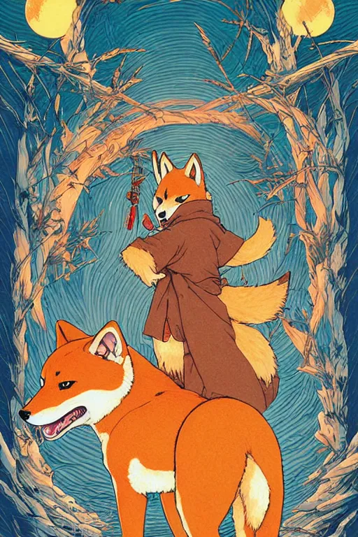 Image similar to poster of a shiba inu as a giant fox spirit, studio ghibli aesthetic, by yoichi hatakenaka, masamune shirow, josan gonzales and dan mumford, ayami kojima, takato yamamoto, barclay shaw, karol bak, yukito kishiro