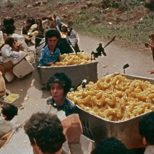 Image similar to refugees from a dystopian future escape over a never ending barricade of mac n' cheese. Drones shoot at them from the sky. Photograph from big budget science fiction 1980s movie.