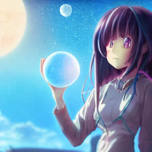 Image similar to An anime girl holding and terraforming a planet on her hands, wide-shot, high detail, 4k, digital art, artstation, 8k, very detailed