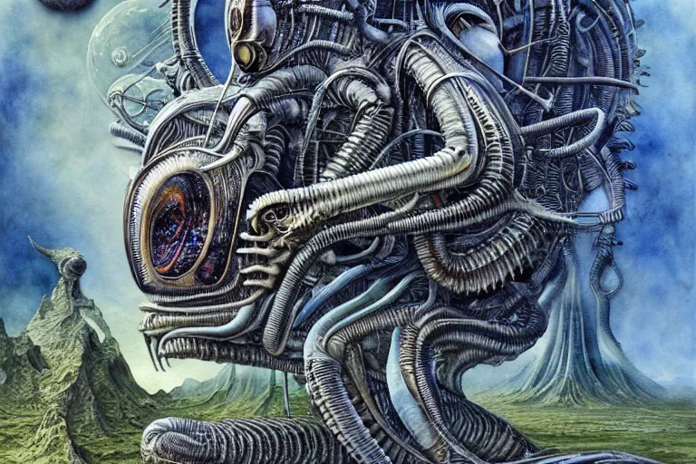 Prompt: a surreal and awe - inspiring science fiction landscape, alien plants and animals, intricate, elegant, uplifting, happy, inspirational, highly detailed watercolor painting by h. r. giger and mark brooks