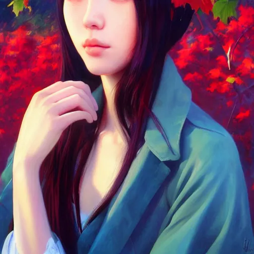 Image similar to oil painting by ilya kuvshinov,, baugh casey, rhads, coby whitmore, of a youthful japanese beauty, long hair, holding candied apple, outdoors, highly detailed, breathtaking face, studio photography, dawn, intense subsurface scattering, blush, supple look, innocence, intense sunlight