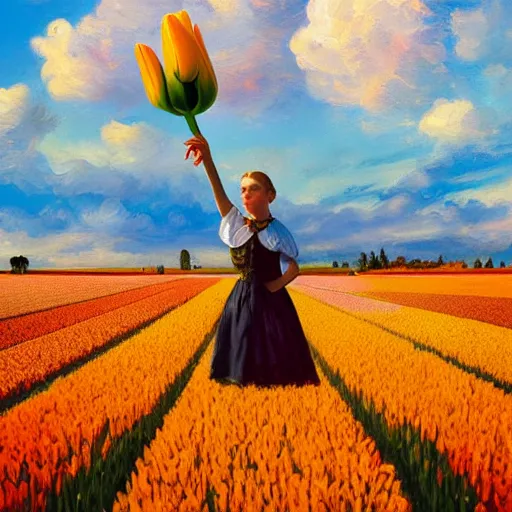 Image similar to dutch girl with singular giant tulip as a head, surreal photography, flower field, sunset dramatic light, impressionist painting, colorful clouds, blue sky, digital painting, artstation, simon stalenhag