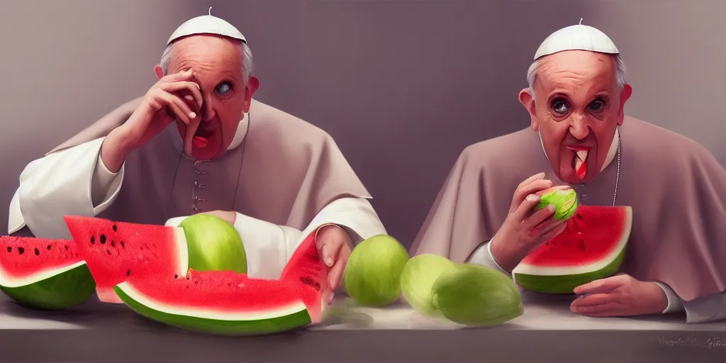 Prompt: The Pope eating watermelon, hyperdetailed, artstation, cgsociety, 8k