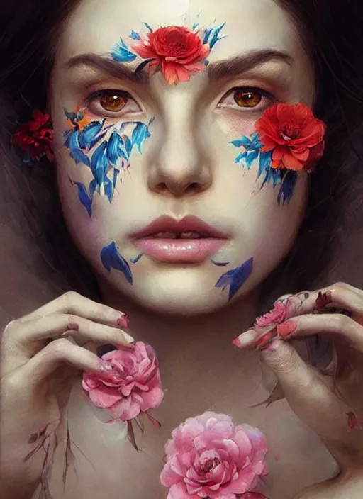 Image similar to a woman with her face painted. face painting of flowers. beautiful highly detailed face. painting by artgerm and greg rutkowski and magali villanueve.