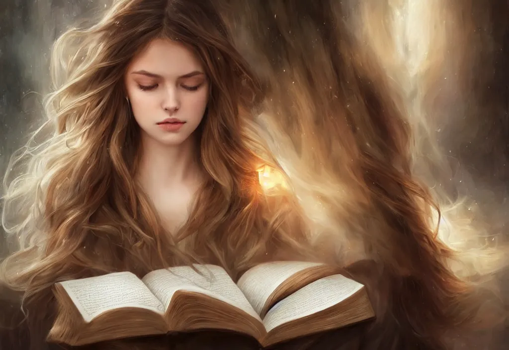 Image similar to a girl reading a book, hair flowing down, 8 k, hyperrealistic, hyperdetailed, fantasy portrait by laura sava