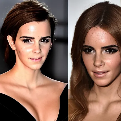 Image similar to a woman who is a genetic combination of kim kardashian and emma watson face and upper - body focus