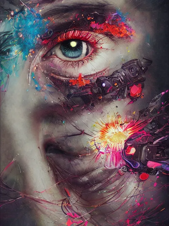 Image similar to art portrait of an eye with flower exploding,by tristan eaton,Stanley Artgermm,Tom Bagshaw,Greg Rutkowski,Carne Griffiths,trending on DeviantArt,face enhance,chillwave,minimalist,cybernetic, android, blade runner,full of colour,