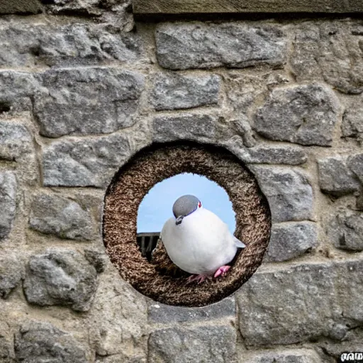 Image similar to a pigeon stuck in a loophole inside a medieval wall