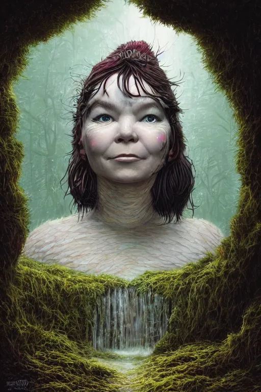 Image similar to bjork portrait by hubert robert and lee madgwick and roger dean and jacek yerka, dan mumford and alex grey style, soft lighting, 4 k hd wallpaper illustration concept joy atmospheric lighting